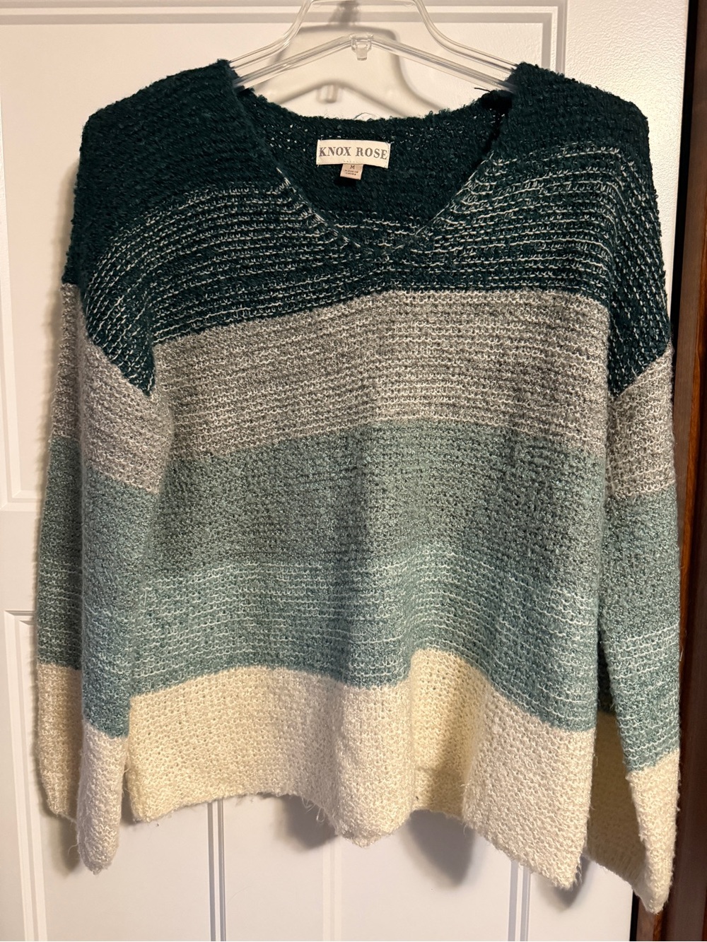 Knox Rose Striped V-Neck Sweater - Dark Teal, Light Teal, Cream
